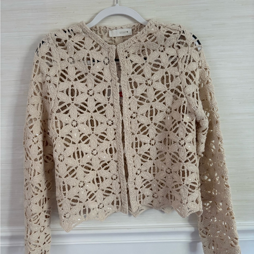 Zara Crochet Openwork Crewneck Jacket - SM